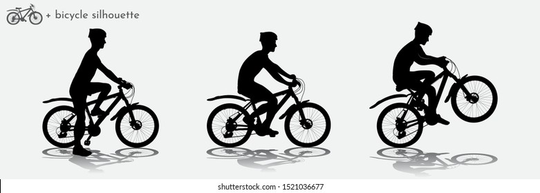 Set of cyclist silhouettes with shadows. The guy rides a mountain bike. Vector detailed illustration. Three silhouettes. Logotype. Bicycle icon. Elements of graphic design