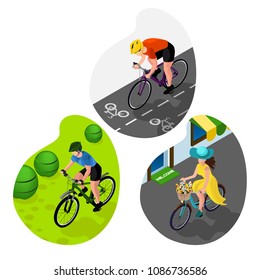 a set of cyclists of different directions: cross-country, city, highway. isometric 3d