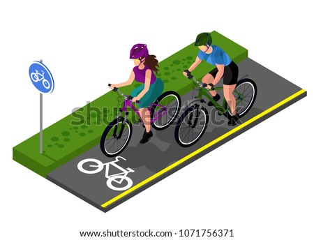 set of cyclists on a bike path in the park. Man and woman. isometry 3d
