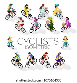 Set of cyclists. A woman on a bicycle, a man on a bicycle, a child on a bicycle. Isometric 3d