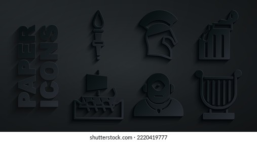 Set Cyclops, Broken Ancient Column, Greek Trireme, Ancient Lyre, Helmet And Torch Flame Icon. Vector