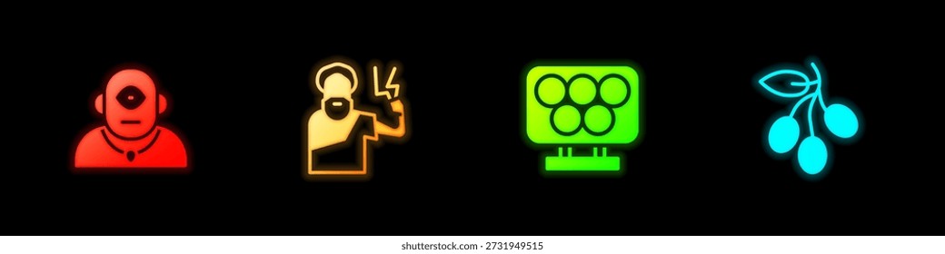 Set Cyclops, Zeus, Olympic rings and Olives branch icon. Vector