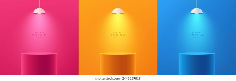 Set of cylinder 3D product podium background in pink, orange, blue color. Neon hanging lamp. Minimal mockup or abstract product display presentation, Stage showcase. Platforms vector geometric design.