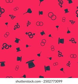 Set Cylinder hat, Balloons form of heart, Gender and Wedding rings on seamless pattern. Vector