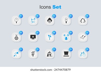 Set Cylinder hat, Circus tent, Carnival garland with flags, Magic wand, Vintage bicycle, Dart arrow, Cotton candy and Pinwheel toy icon. Vector