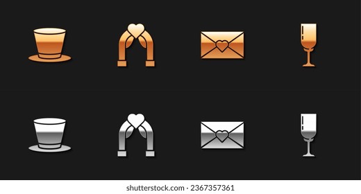 Set Cylinder hat, Wedding arch, Envelope with Valentine heart and Glass of champagne icon. Vector