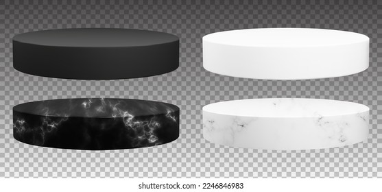 Set of cylinder marble podium for jewelry display. Luxury black and white pedestals for product showcase. Vector realistic platform with stone texture.