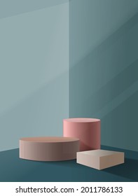 Set of cylinder pedestal podium display on empty room background. Abstract modern vector rendering 3d shape for products presentation. Minimal scene studio room.
