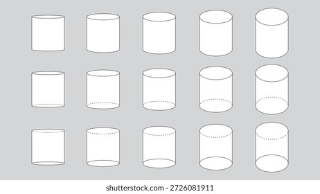 Conjunto de cilindros desde diferentes ángulos. Ilustración vectorial geométrica