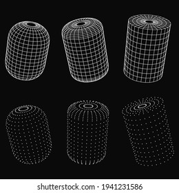 Set cylinders of dots and grid isolated on black color. Technology abstract art background. Collection of minimalistic geometric design sci-fi elements. Vector futuristic digital concept.