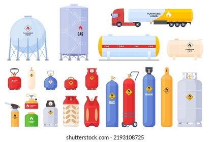 Eine Reihe von Zylindern für den Transport und die Lagerung von entzündbaren Gasstoffen. Vektorgrafik