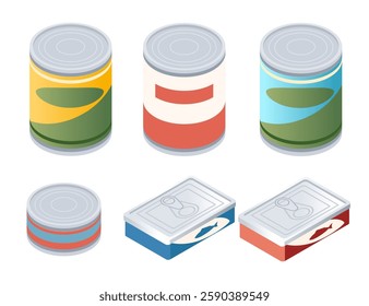 Set of cylindrical and rectangular food cans. Fish box. Canned tomato sauce. Metal food containers. Preserved foods. Long-shelf pantry items. Isometric style vector illustration isolated on white.