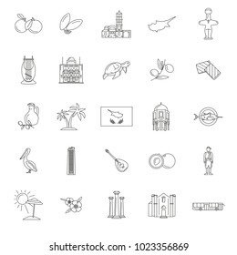 Set of Cyprus symbols and landmarks. Outline vector illustrations. Cyprus country symbols, map, food, cilture and traditions , cypriots, sea beach, turtle and palm trees.
