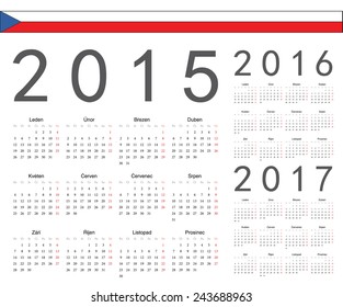 Set of Czech 2015, 2016, 2017 year vector calendars. Week starts from Monday.