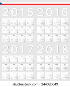 Set of Czech 2015, 2016, 2017, 2018 vector calendars with shadow angles. Week starts from Monday.