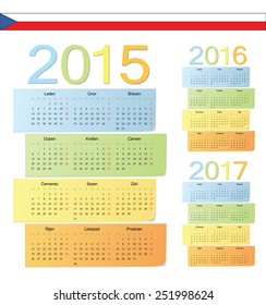 Set of Czech 2015, 2016, 2017 color vector calendars. Week starts from Monday.