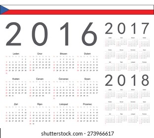 Set of Czech 2016, 2017, 2018 year vector calendars. Week starts from Sunday.