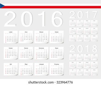 Set of Czech 2016, 2017, 2018 vector calendars with shadow angles. Week starts from Sunday.