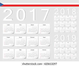 Set of Czech 2017, 2018, 2019 vector calendars with shadow angles. Week starts from Sunday.