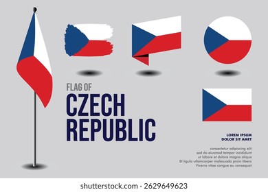 Conjunto de bandeira da República Checa em 5 designs: bandeira no polo, traço do pincel, inclinação, redondo e padrão. vetor, plano, isolado no fundo cinza. Perfeito para vários projetos de design
