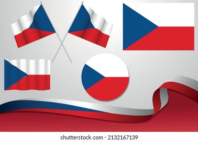 Juego De Banderas De La República Checa En Diferentes Diseños, Icono, Banderas Con Banda Con Fondo.