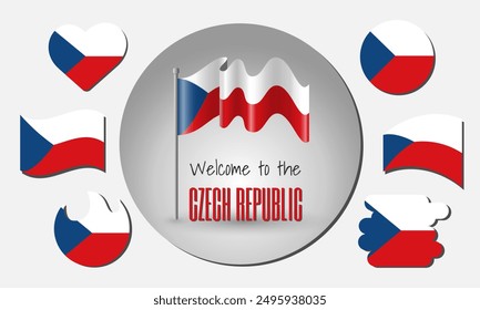 Conjunto de banderas de la República Checa y ondeando la bandera de la República Checa en Vector con la inscripción ¡Bienvenidos a la República Checa!
