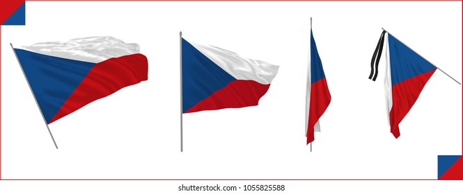 Set of Czech Republic state waving flags in solemn or proud style. Vector illustration.