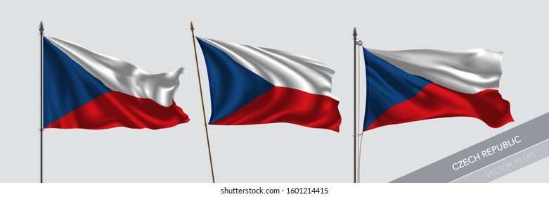 Set of Czech Republic waving flag on isolated background vector illustration. 3 wavy realistic flag as a symbol of patriotism 