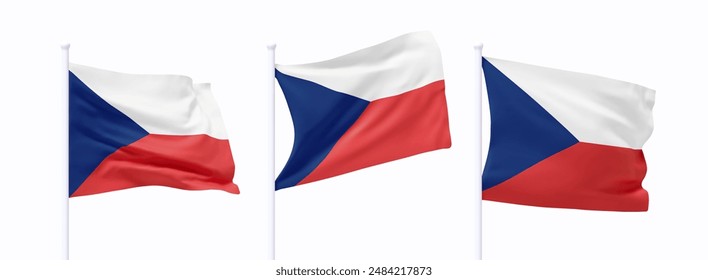 Set of Czech Republic waving flag on flagpole. Realistic 3d design flag flies on the wind on isolated white background. vector illustration