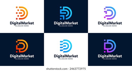 Set of D digital logo design template. Geometric vector Shape with Square Pixel Dots. Abstract symbol icon logo for Technology business