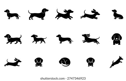 Set of dachshund dog silhouettes in various poses including running, jumping, sitting, and sleeping. Vector black icons of wiener dogs isolated on white background.