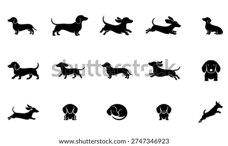 Set of dachshund dog silhouettes in various poses including running, jumping, sitting, and sleeping. Vector black icons of wiener dogs isolated on white background.