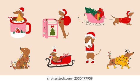 Conjunto de perros dachshund con decoraciones navideñas. Felices fiestas