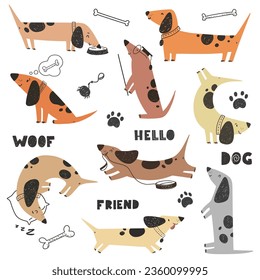 Set of Dachshund dogs, cute and funny characters, children's print. Vector illustration. svg