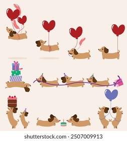 Set of Dachshund dogs, cute and party characters, flat and colorful illustration.