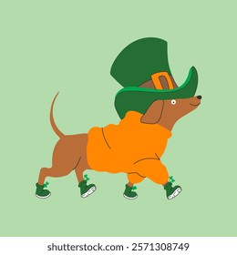 Set of dachshund dogs wearing costumes for St. Patrick's day. A cartoon dog wearing a green hat and green shoes