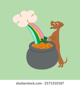 Set of dachshund dogs wearing costumes for St. Patrick's day. A cartoon dog is standing in front of a pot with gold coins and a rainbow