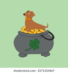 Set of dachshund dogs wearing costumes for St. Patrick's day. A cartoon dog sitting in a pot of gold