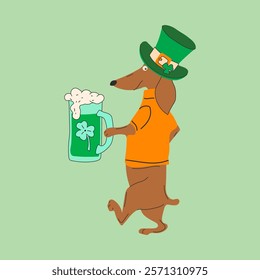 Set of dachshund dogs wearing costumes for St. Patrick's day. A cartoon dog wearing an orange shirt and holding a beer mug