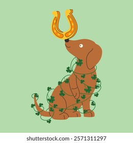 Set of dachshund dogs wearing costumes for St. Patrick's day. A dog with a horseshoe in its mouth