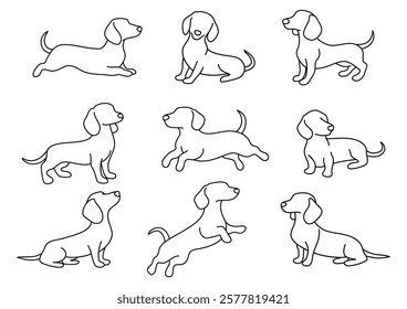 A set of dachshunds. Dog silhouettes. Outline. Line art.