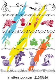 Set of dacorative elements with variation of fruits and flowers