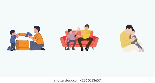 Set from dad and boy who are engaged in development and play together. Cartoon style flat illustration.