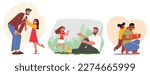 Set Dad and Daughter Characters Love and Affection. Little Girl Tying Bow on Father's Collar, Giving Flowers on Meadow and Handling a Gift for Holiday Celebration. Cartoon People Vector Illustration