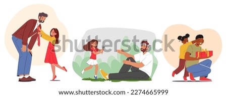 Set Dad and Daughter Characters Love and Affection. Little Girl Tying Bow on Father's Collar, Giving Flowers on Meadow and Handling a Gift for Holiday Celebration. Cartoon People Vector Illustration