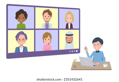 A set of dad having an online meeting with multiple people. perspective angle.It's vector art so easy to edit.