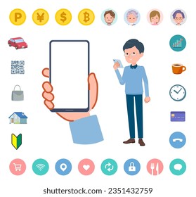 A set of dad looking at a smartphone screen.It's vector art so easy to edit.The inside of the screen is transparent, so it is easy to fit.