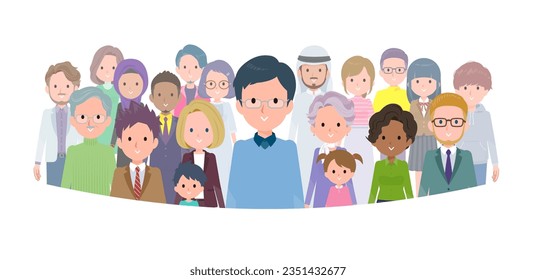 A set of dad standing in front of a large number of people.It's vector art so easy to edit.