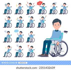 A set of dad in a wheelchair.It depicts emotions such as laughter, anger, and trouble.It's vector art so easy to edit.