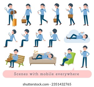 A set of dad who uses a smartphone in various scenes.It's vector art so easy to edit.